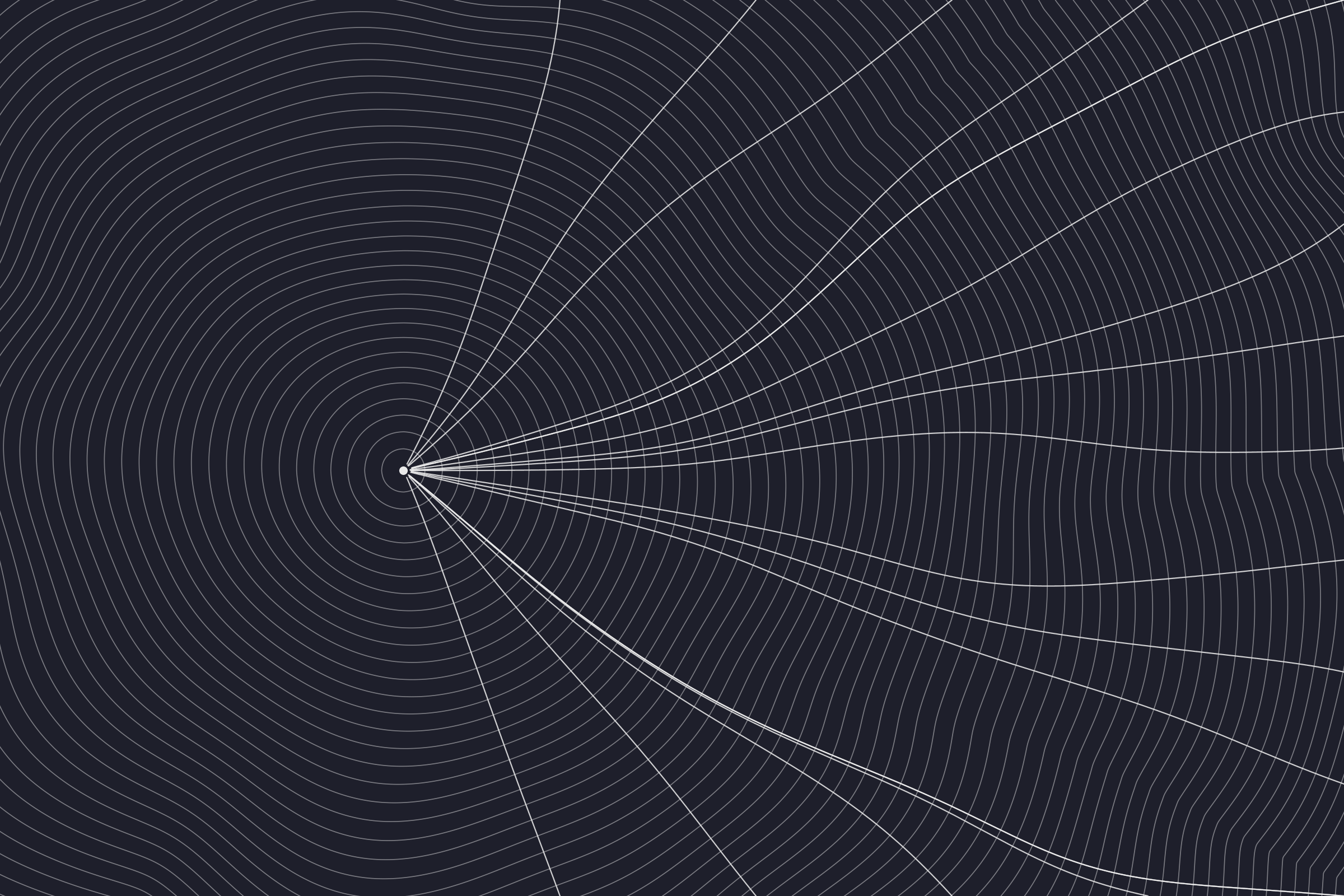 Wavefronts spreading from one point through an uneven medium, with the fastest paths back to the source