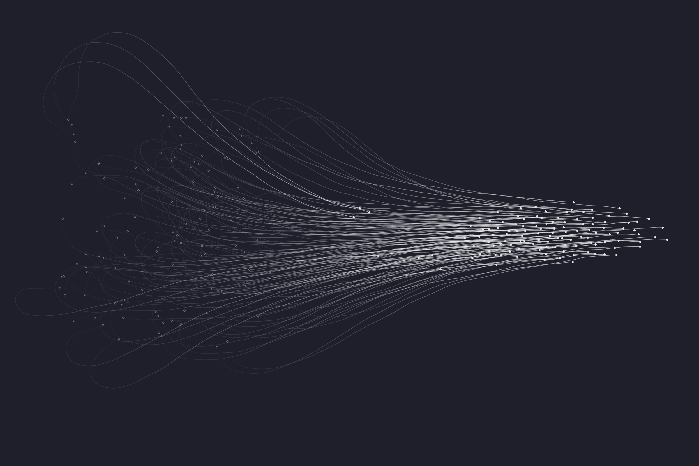 Paths of individuals that start scattered and align into one moving group