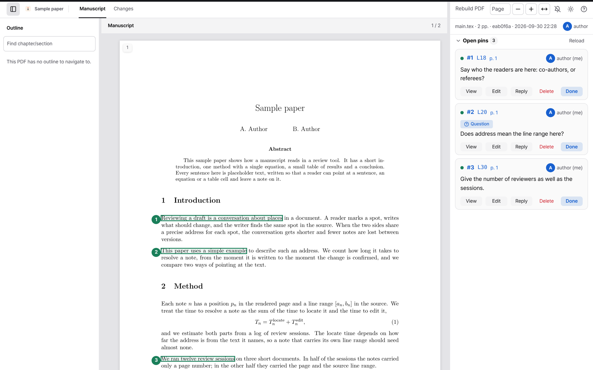 The Limn viewer on a sample paper: three open pins, each with the source line it reaches (L18, L20, L30).